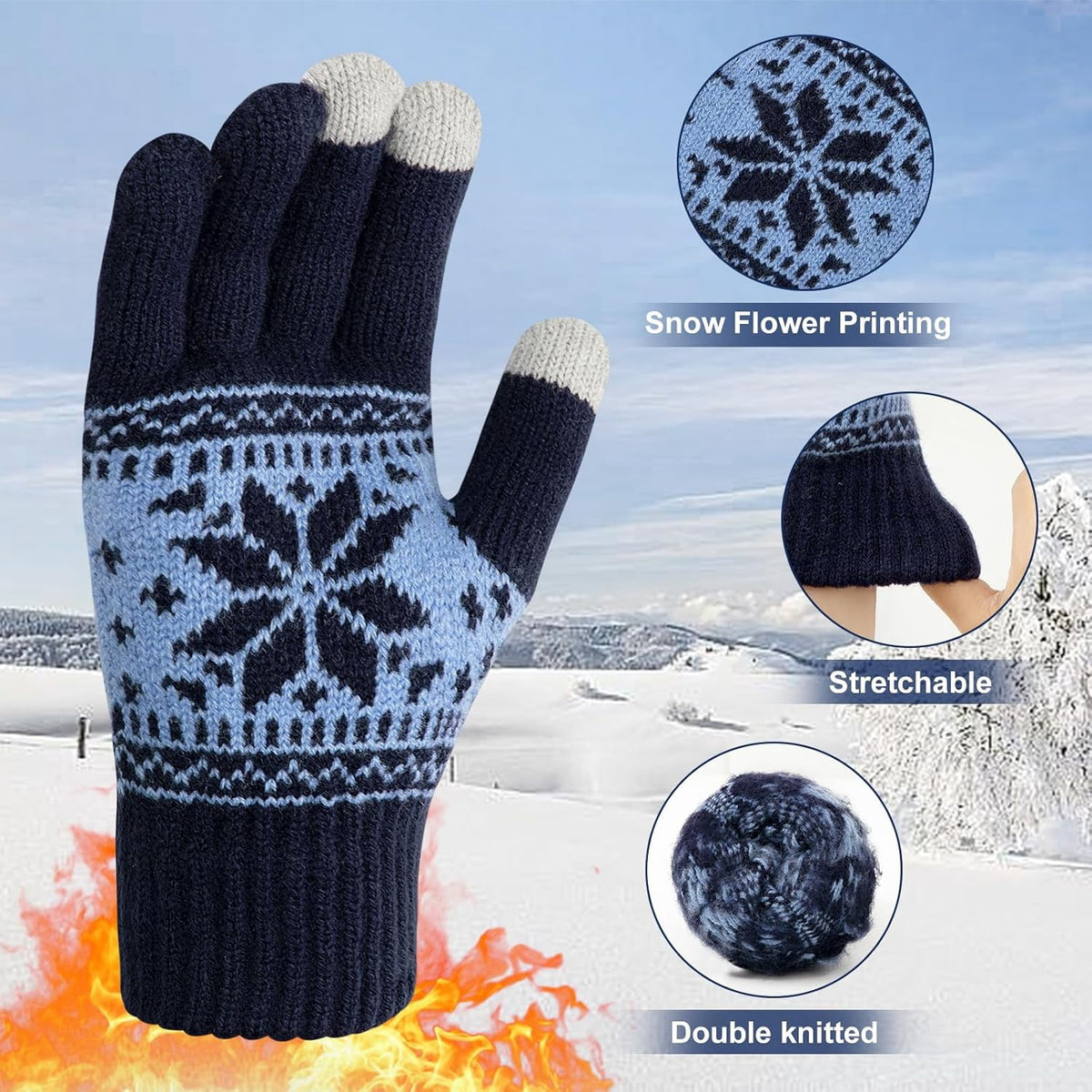 Snowflake Touch Screen Knit Gloves, Black, Light Grey & Navy – 3 Pairs