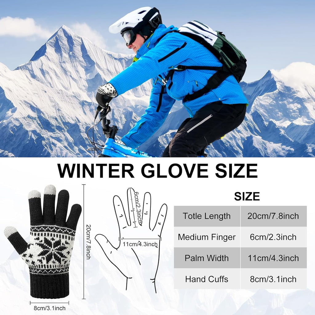 Snowflake Touch Screen Knit Gloves, Black, Light Grey & Navy – 3 Pairs