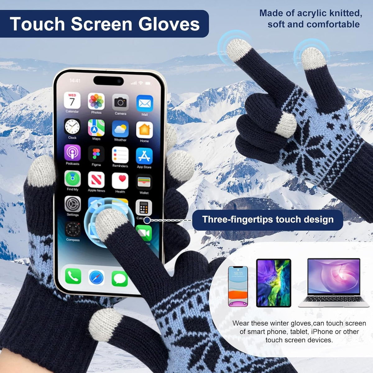 Snowflake Touch Screen Knit Gloves, Black, Light Grey & Navy – 3 Pairs