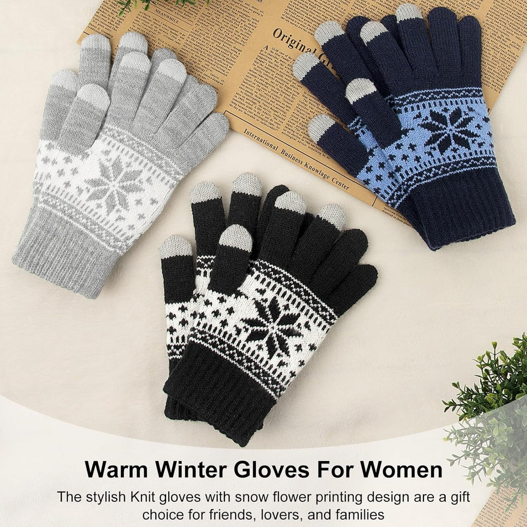 Snowflake Touch Screen Knit Gloves, Black, Light Grey & Navy – 3 Pairs