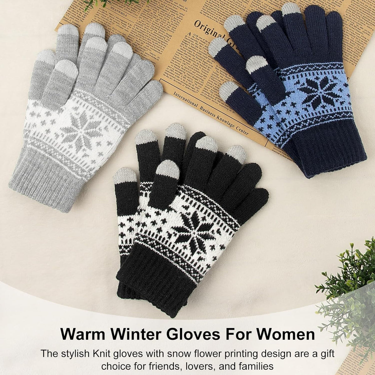 Snowflake Touch Screen Knit Gloves, Black, Light Grey & Navy – 3 Pairs