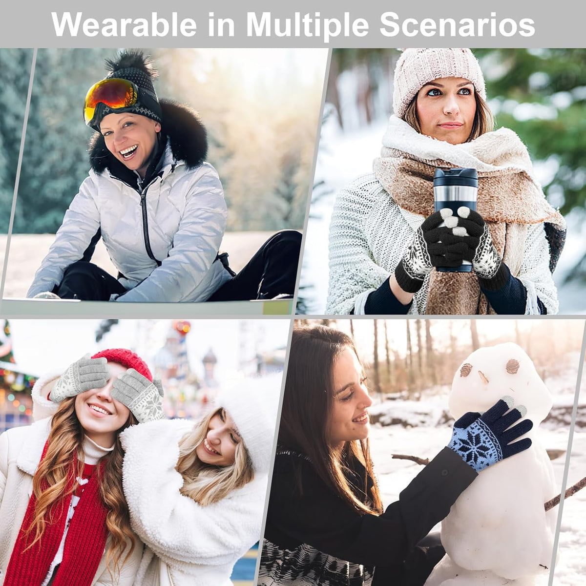 Snowflake Touch Screen Knit Gloves, Black, Light Grey & Navy – 3 Pairs
