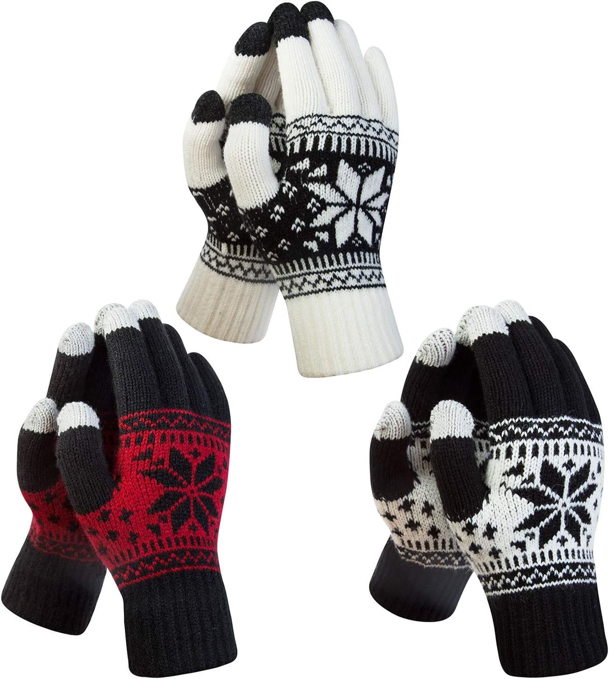 Snowflake Touch Screen Knit Gloves, Black, White & Red – 3 Pairs