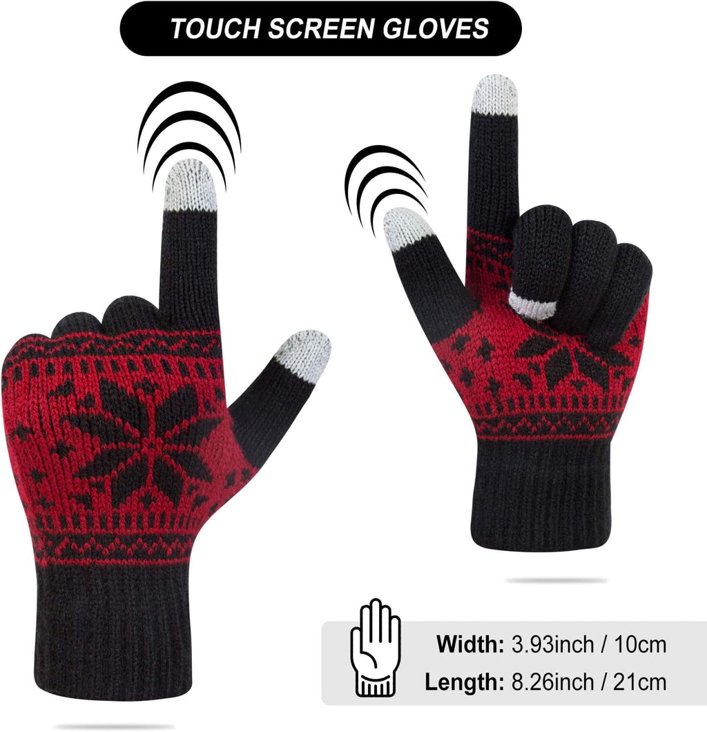 Snowflake Touch Screen Knit Gloves, Black, White & Red – 3 Pairs