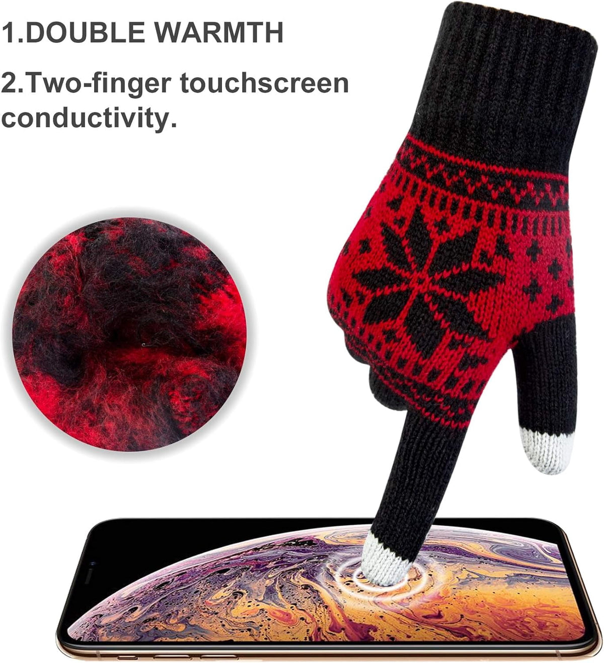 Snowflake Touch Screen Knit Gloves, Black, White & Red – 3 Pairs