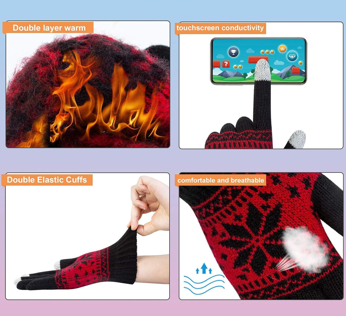 Snowflake Touch Screen Knit Gloves, Black, White & Red – 3 Pairs