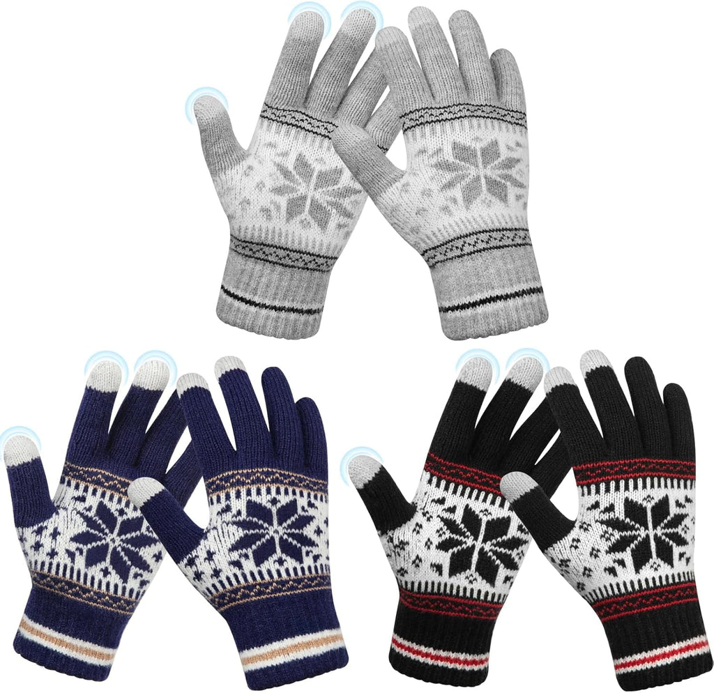 Snowflake Touch Screen Knit Gloves, Grey, Navy & Black – 3 Pairs
