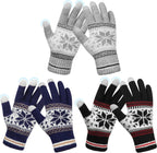 Snowflake Touch Screen Knit Gloves, Grey, Navy & Black – 3 Pairs