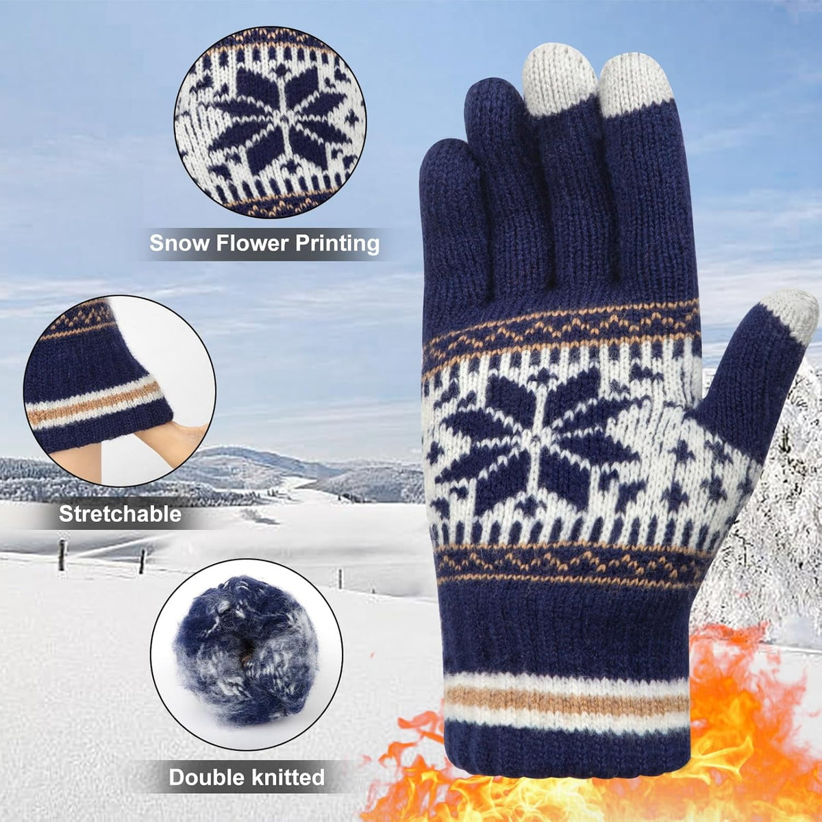 Snowflake Touch Screen Knit Gloves, Grey, Navy & Black – 3 Pairs