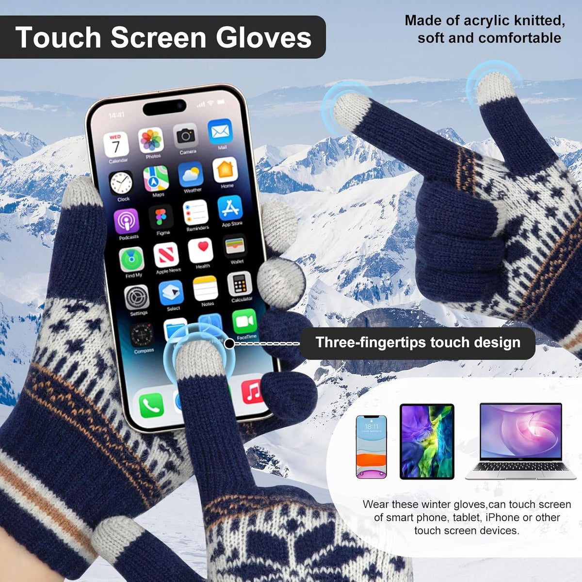 Snowflake Touch Screen Knit Gloves, Grey, Navy & Black – 3 Pairs