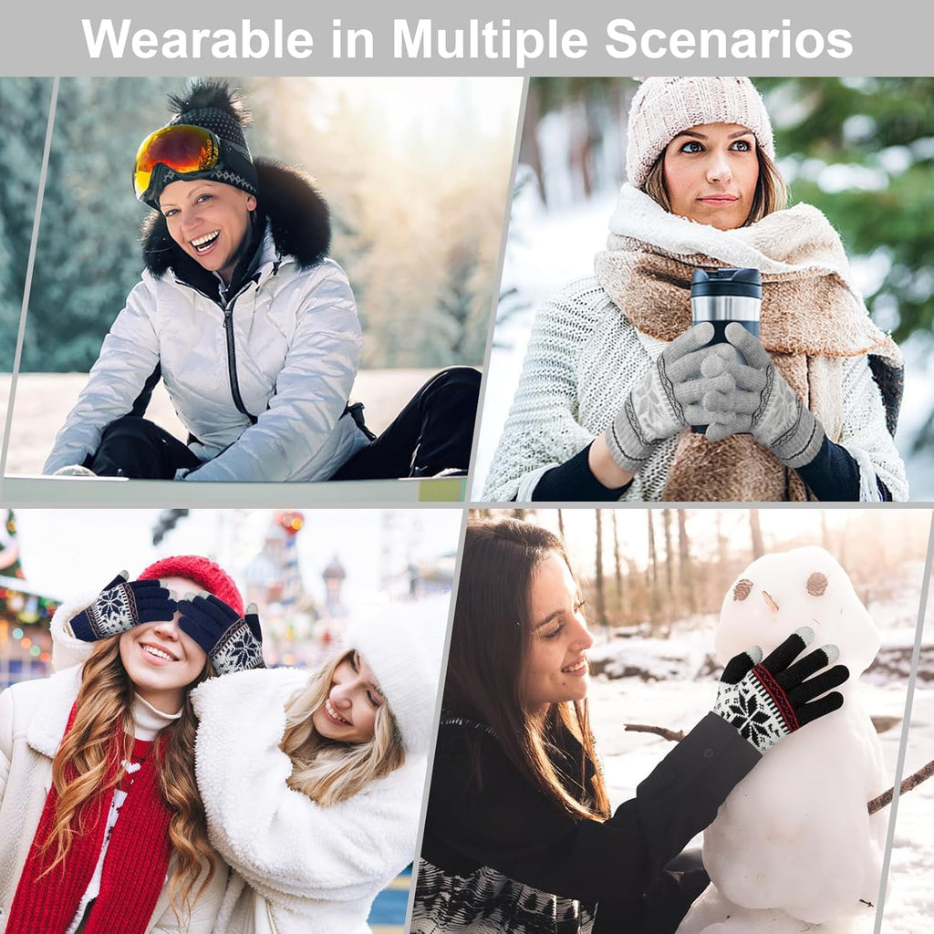 Snowflake Touch Screen Knit Gloves, Grey, Navy & Black – 3 Pairs