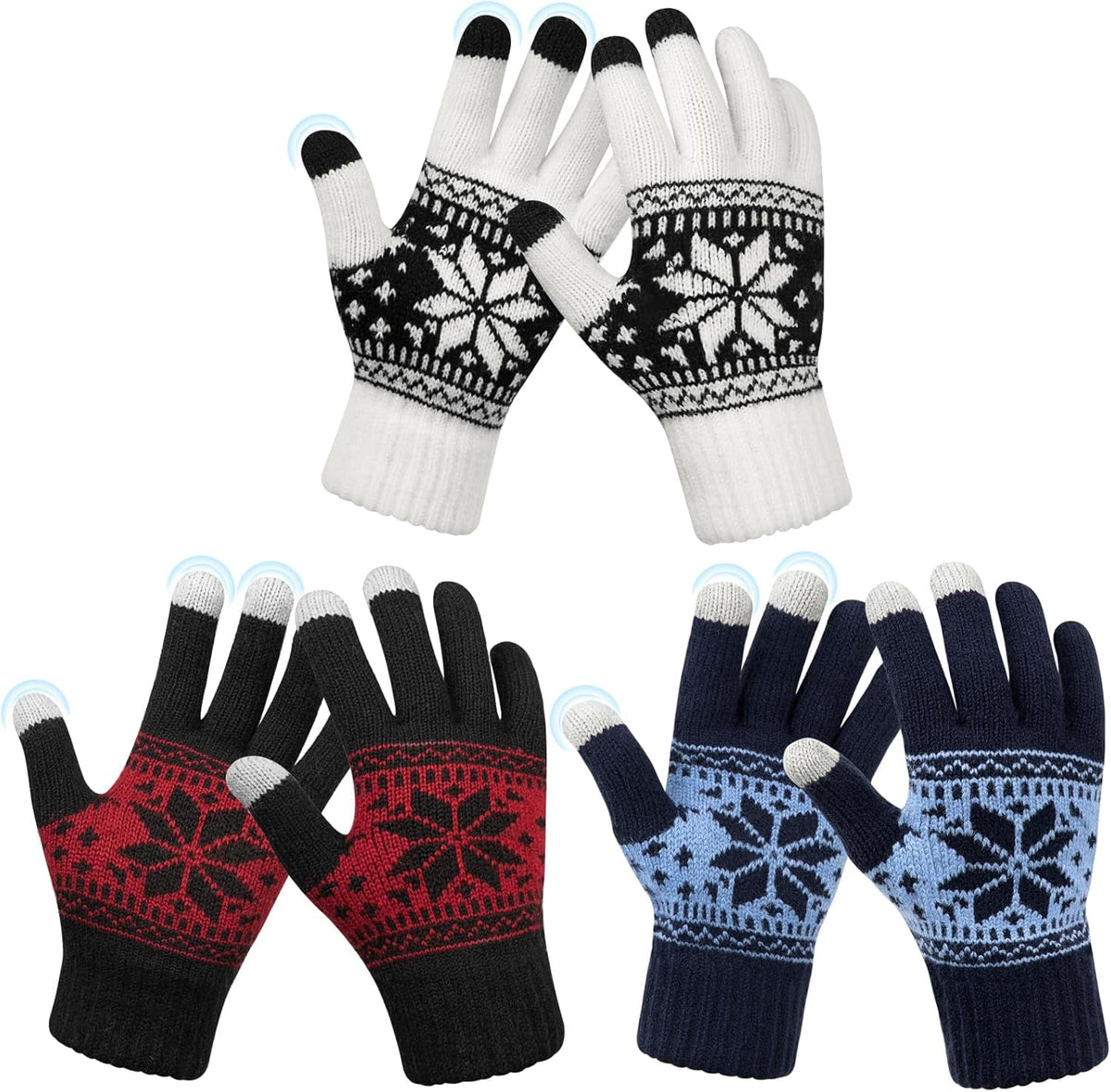 Snowflake Touch Screen Knit Gloves, White, Blue & Red – 3 Pairs