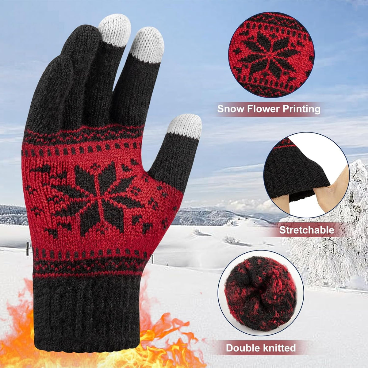 Snowflake Touch Screen Knit Gloves, White, Blue & Red – 3 Pairs