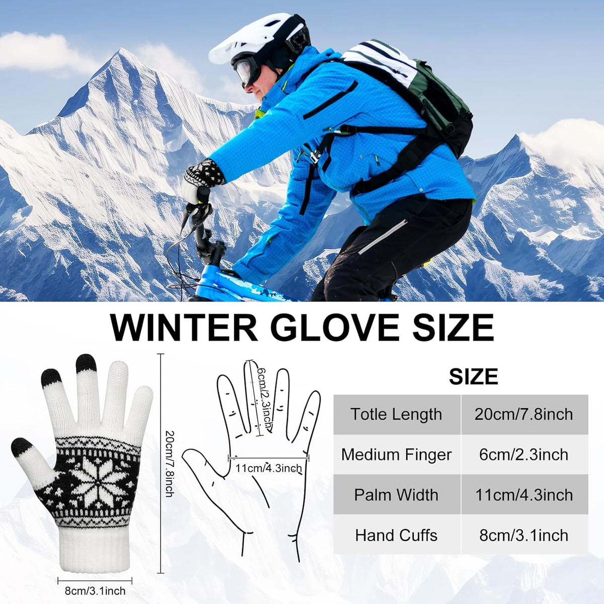 Snowflake Touch Screen Knit Gloves, White, Blue & Red – 3 Pairs
