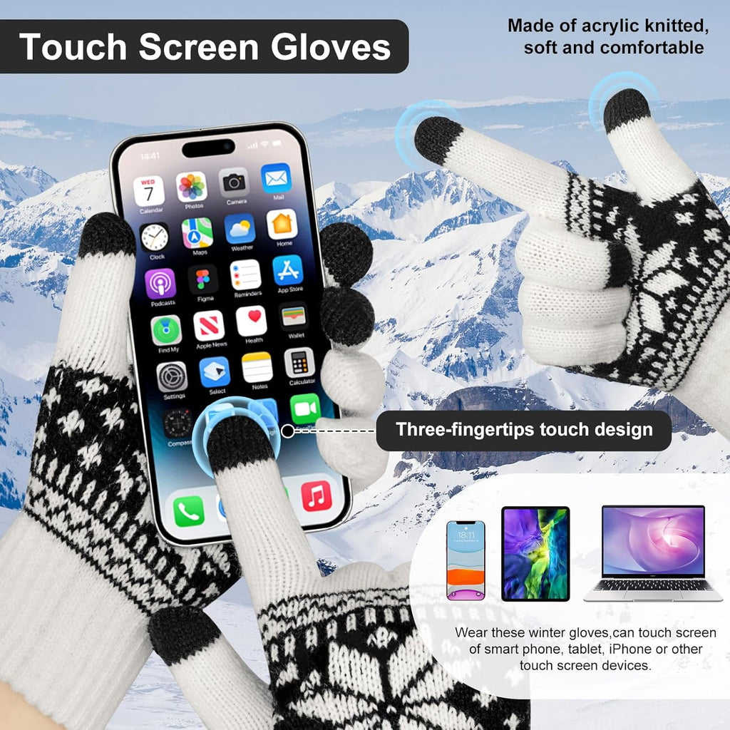 Snowflake Touch Screen Knit Gloves, White, Blue & Red – 3 Pairs