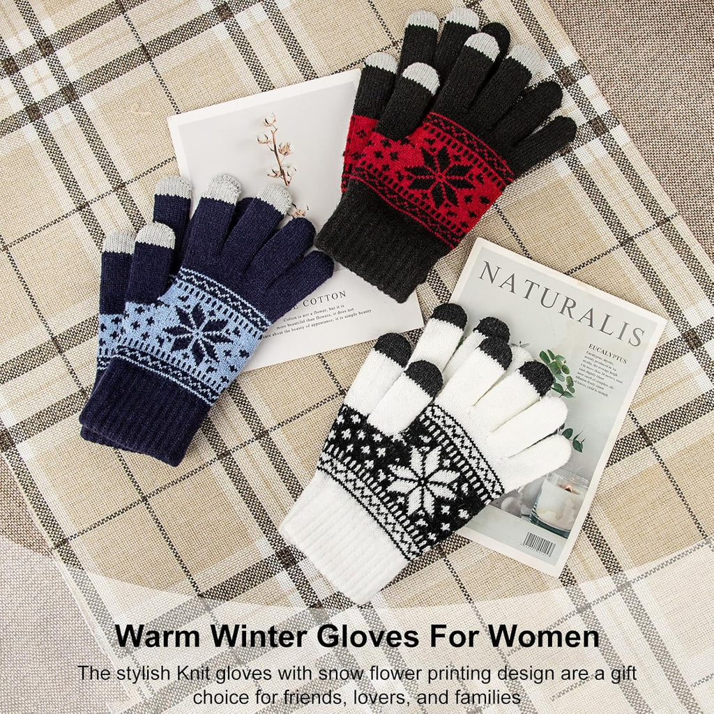 Snowflake Touch Screen Knit Gloves, White, Blue & Red – 3 Pairs