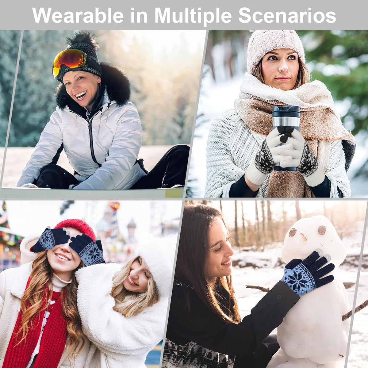 Snowflake Touch Screen Knit Gloves, White, Blue & Red – 3 Pairs