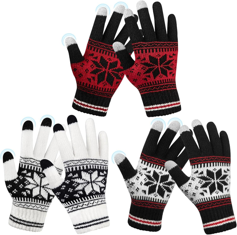 Snowflake Touch Screen Knit Gloves, White, Red & Black – 3 Pairs