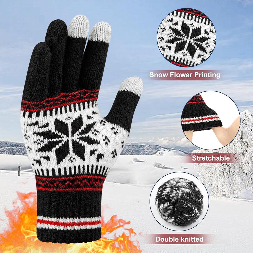 Snowflake Touch Screen Knit Gloves, White, Red & Black – 3 Pairs