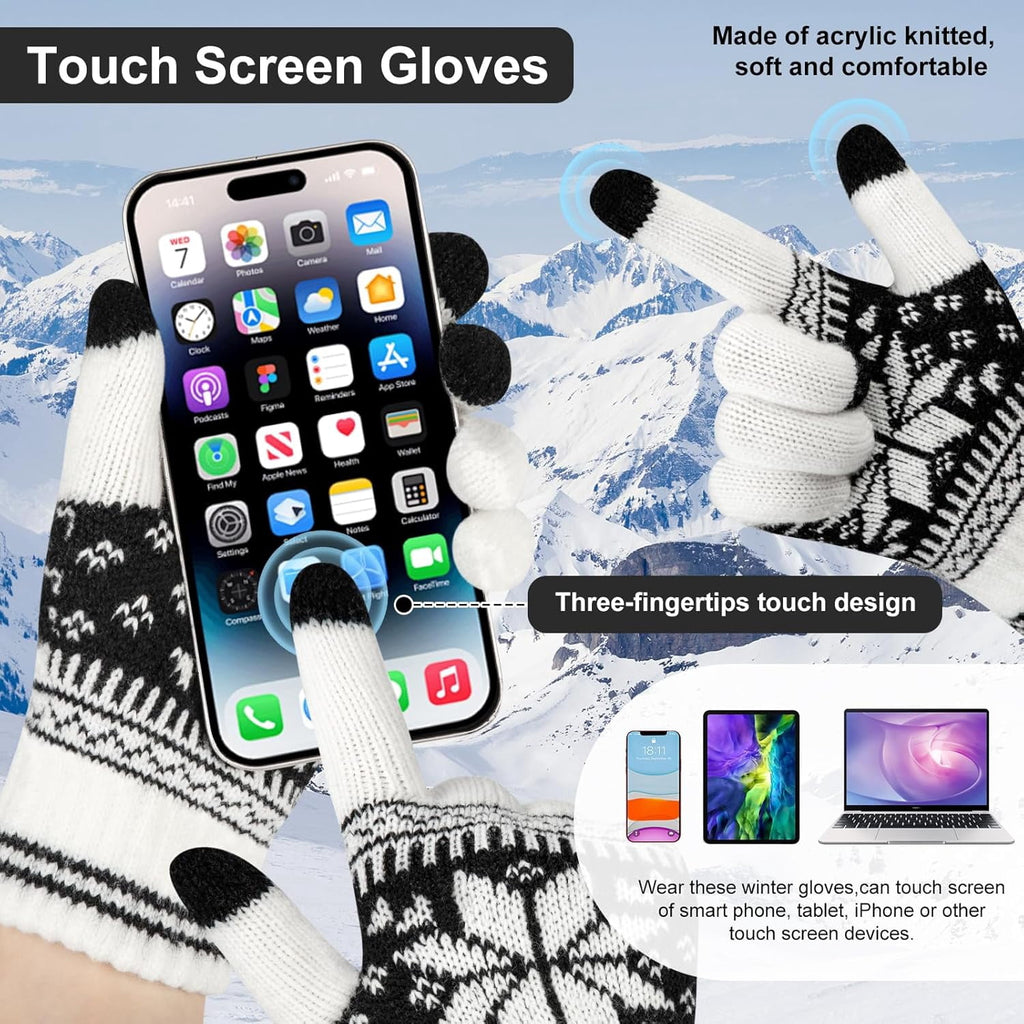 Snowflake Touch Screen Knit Gloves, White, Red & Black – 3 Pairs