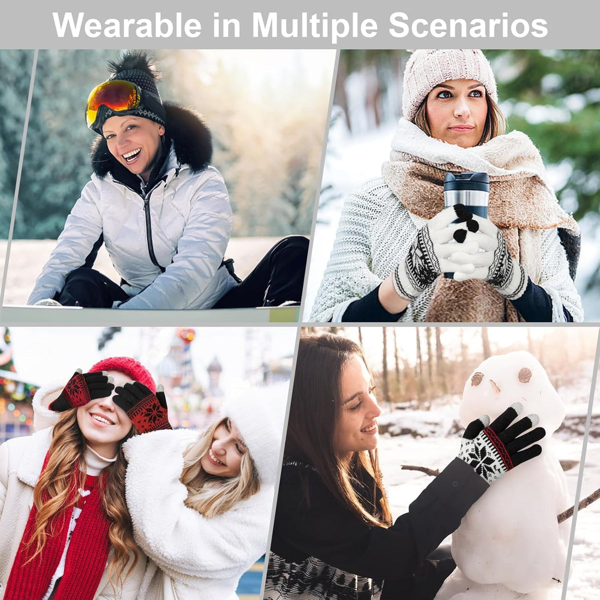 Snowflake Touch Screen Knit Gloves, White, Red & Black – 3 Pairs