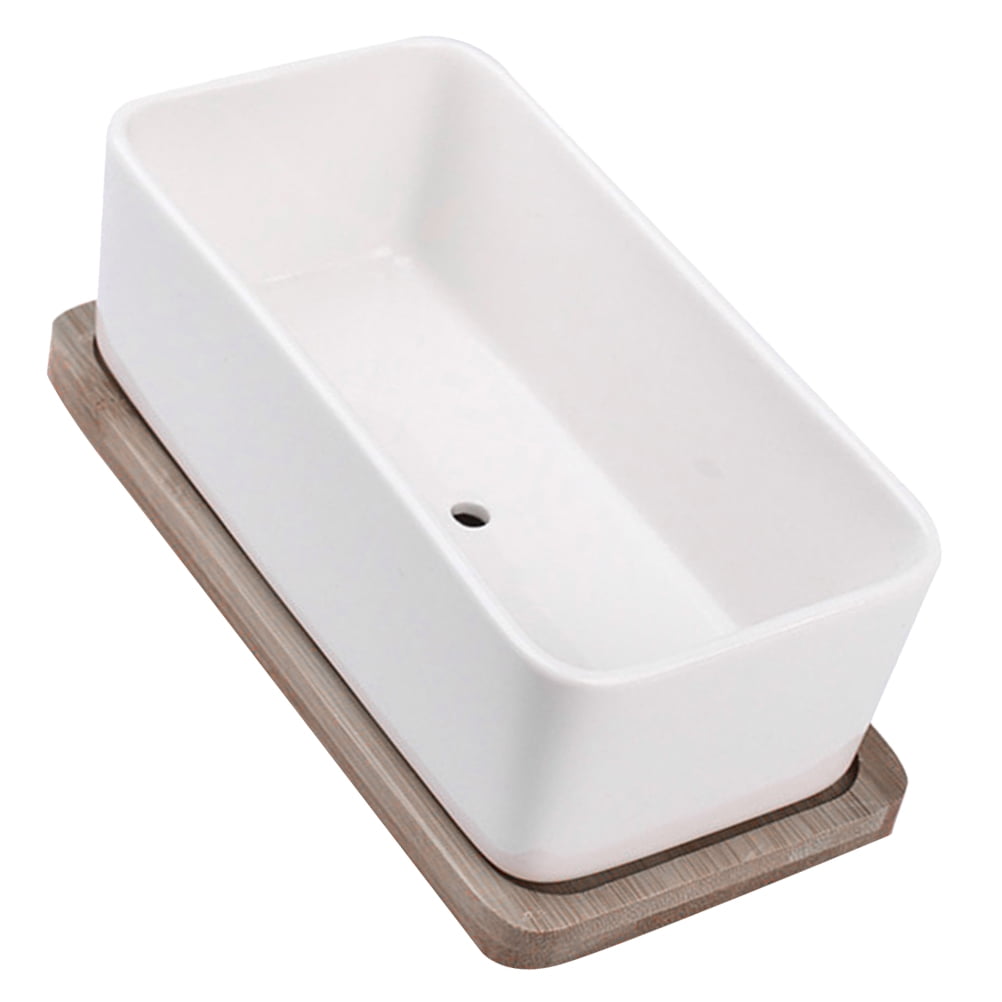 Oblong Ceramic Planter with Bamboo Tray, 17 cm – White