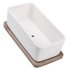 Oblong Ceramic Planter with Bamboo Tray, 17 cm – White