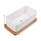 Oblong Ceramic Planter with Bamboo Tray, 17 cm – White