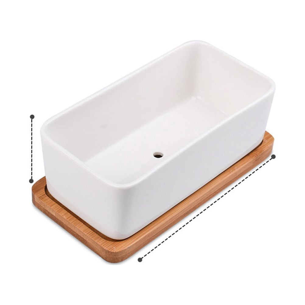 Oblong Ceramic Planter with Bamboo Tray, 17 cm – White