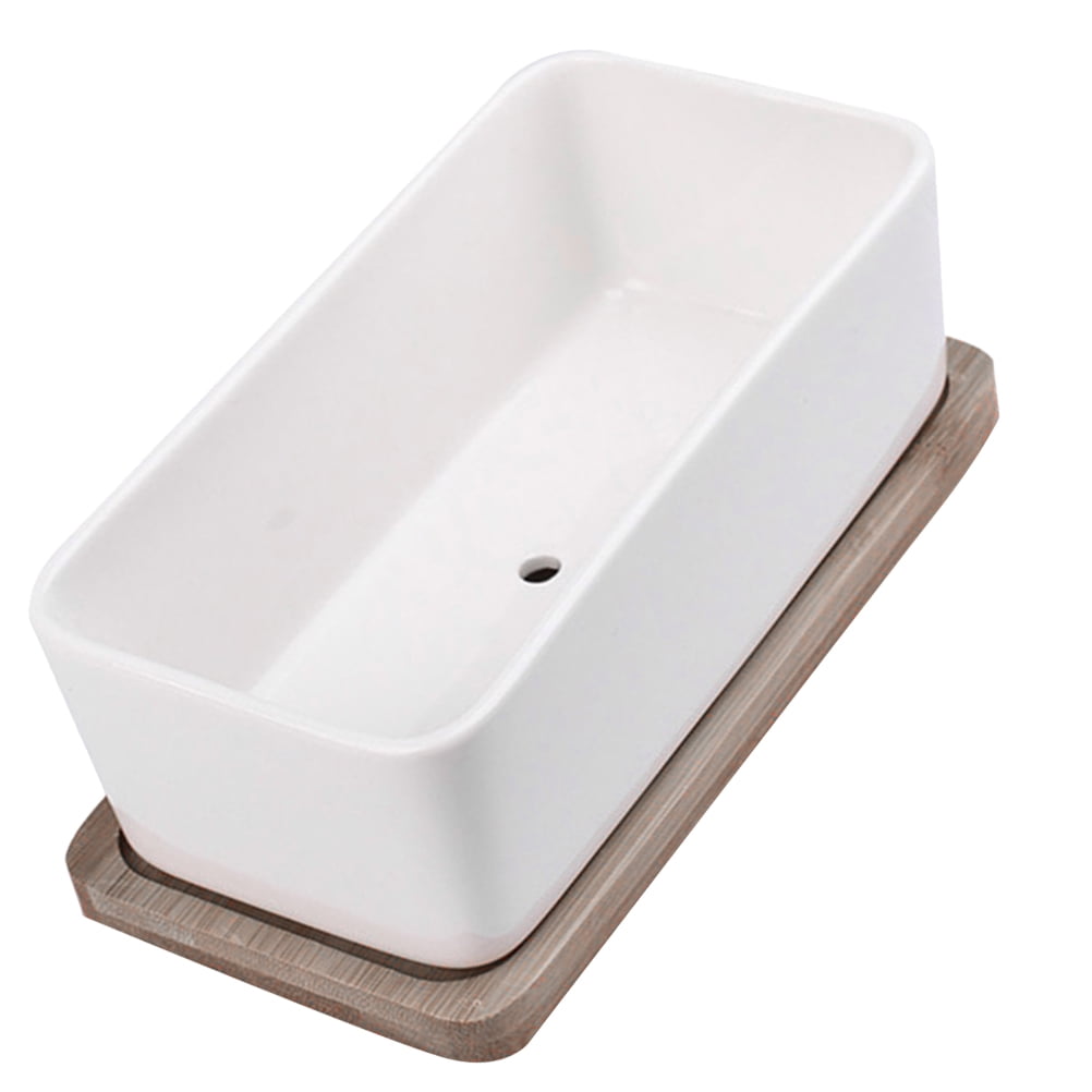Oblong Ceramic Planter with Bamboo Tray, 17 cm – White