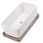 Oblong Ceramic Planter with Bamboo Tray, 17 cm – White