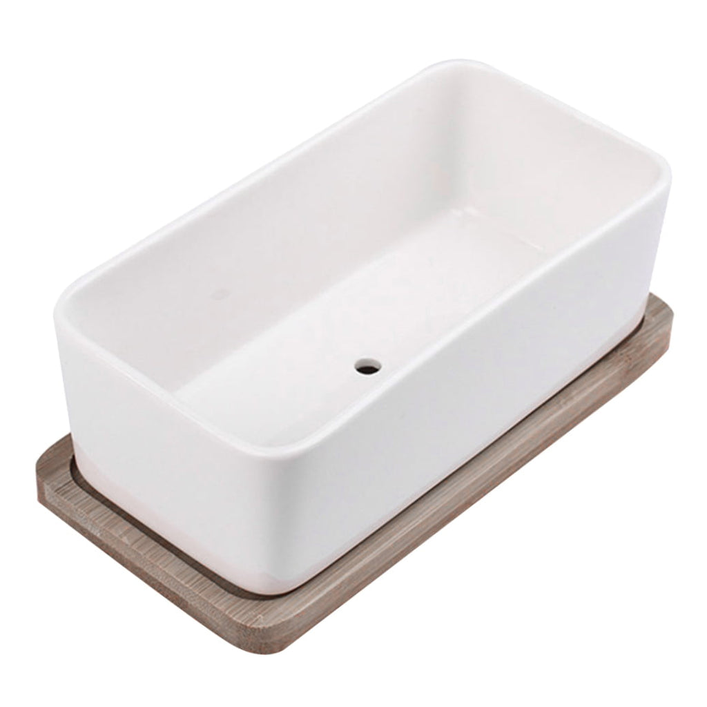 Oblong Ceramic Planter with Bamboo Tray, 17 cm – White