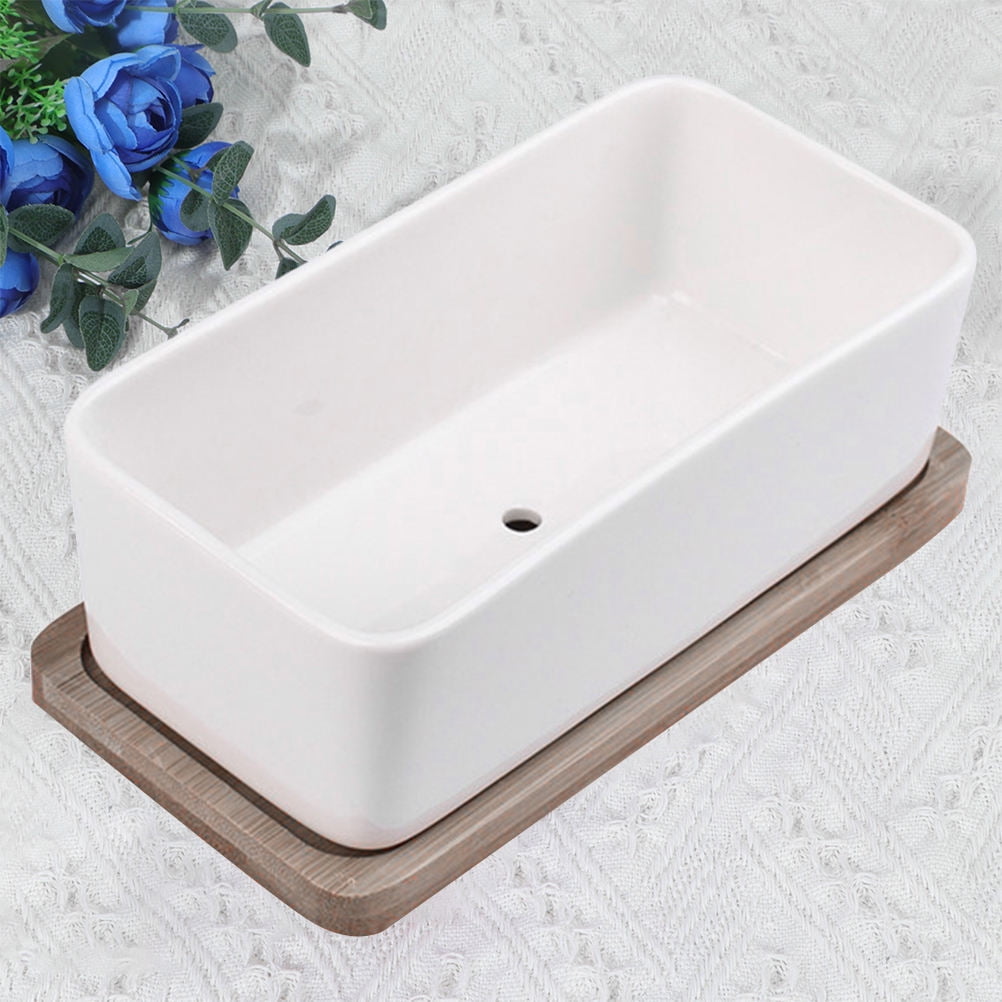 Oblong Ceramic Planter with Bamboo Tray, 17 cm – White