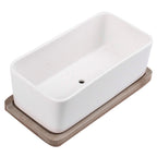 Oblong Ceramic Planter with Bamboo Tray, 17 cm – White