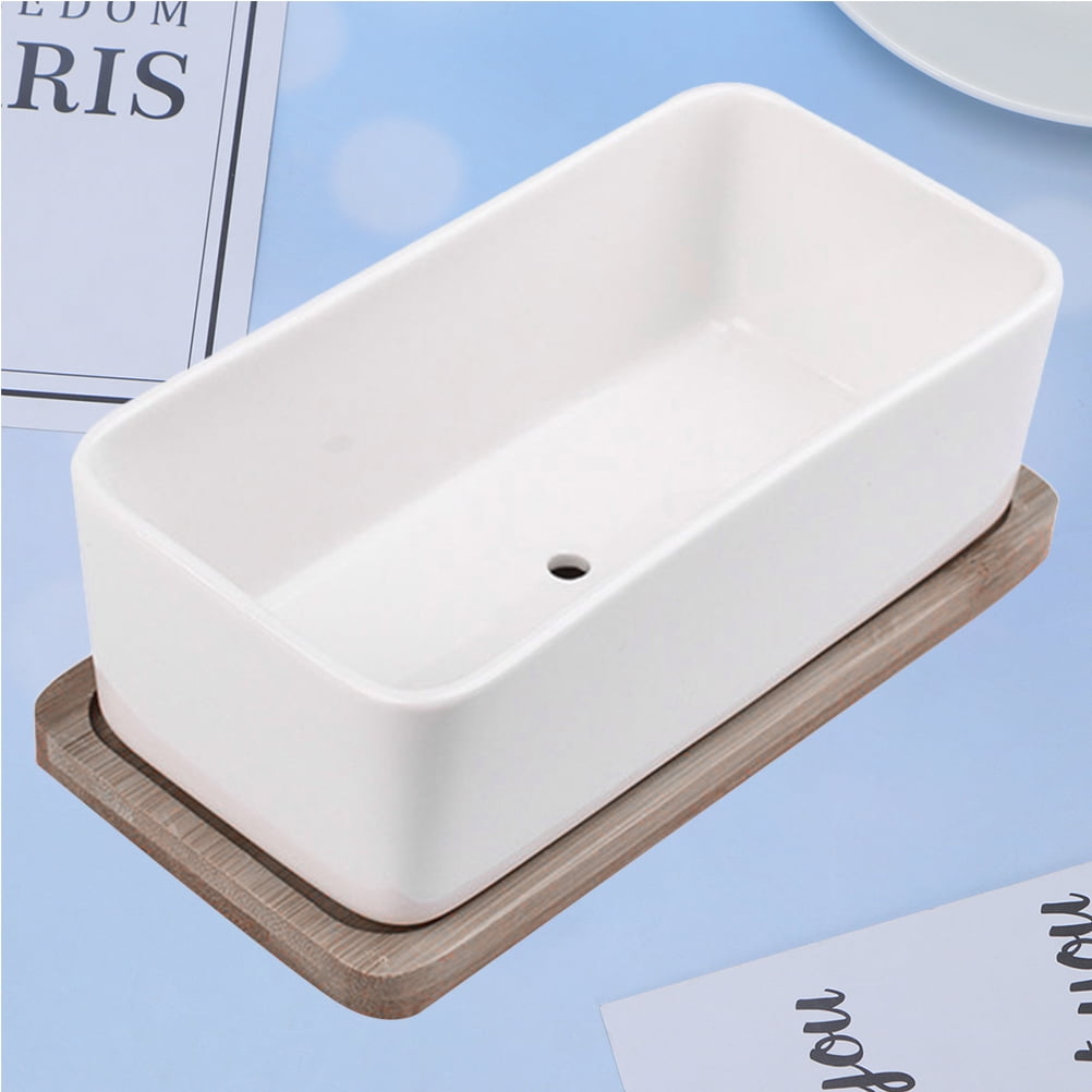Oblong Ceramic Planter with Bamboo Tray, 17 cm – White