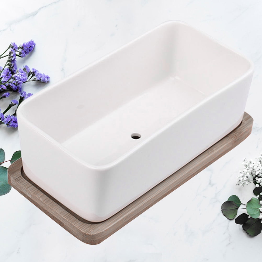 Oblong Ceramic Planter with Bamboo Tray, 17 cm – White