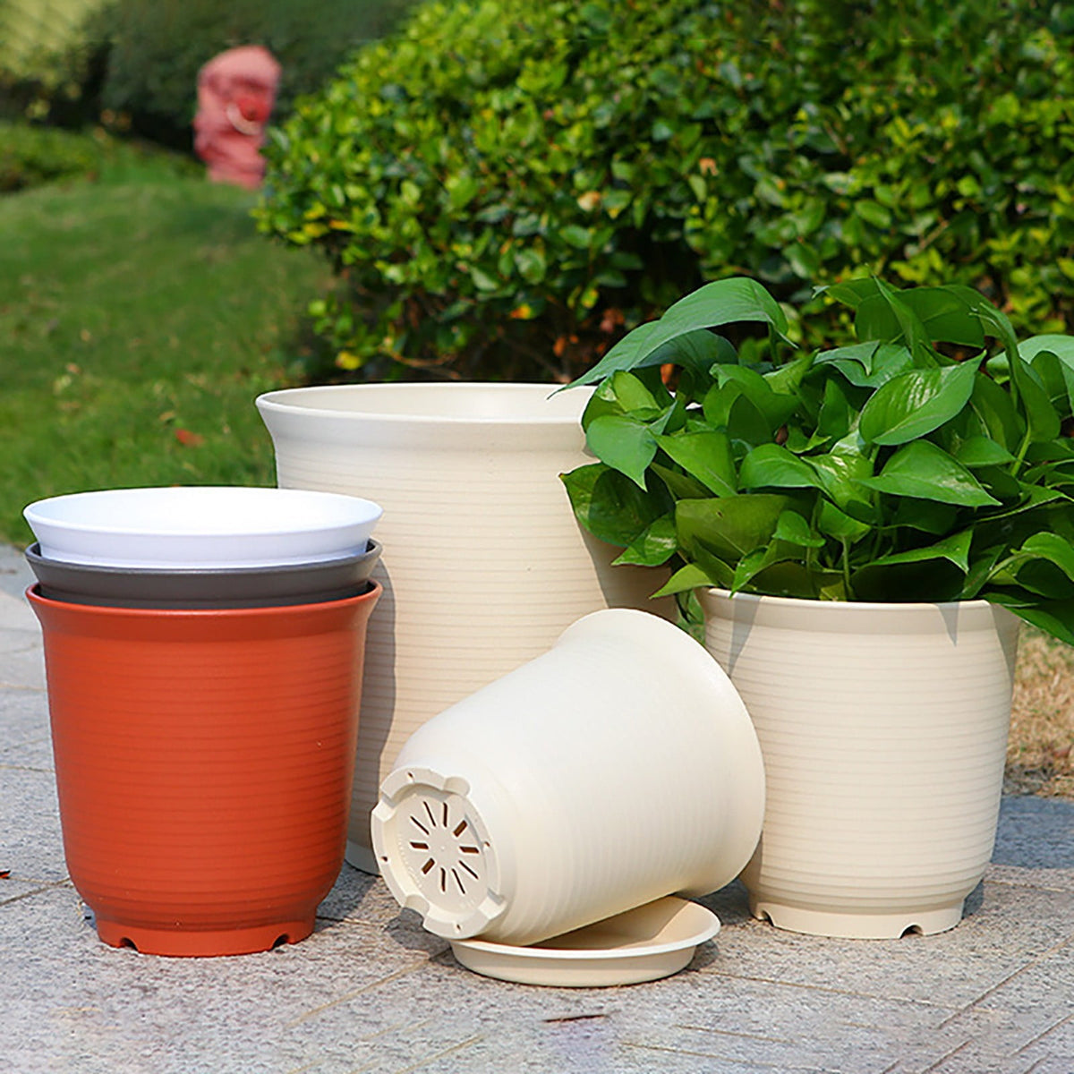 Plastic Plant Pot with Saucer, 15.4 x 10.8 cm – Beige