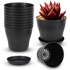 Plastic Plant Pots with Saucers, 12 cm – Pack of 8, Black