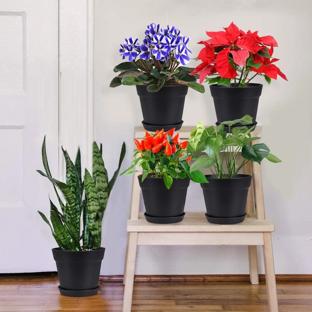 Plastic Plant Pots with Saucers, 12 cm – Pack of 8, Black
