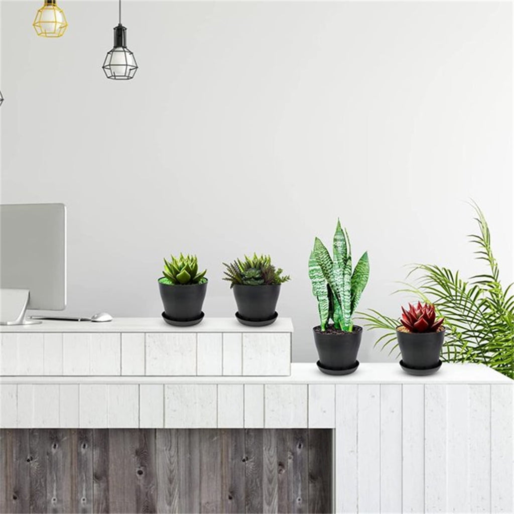Plastic Plant Pots with Saucers, 12 cm – Pack of 8, Black
