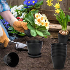 Plastic Plant Pots with Saucers, 12 cm – Pack of 8, Black