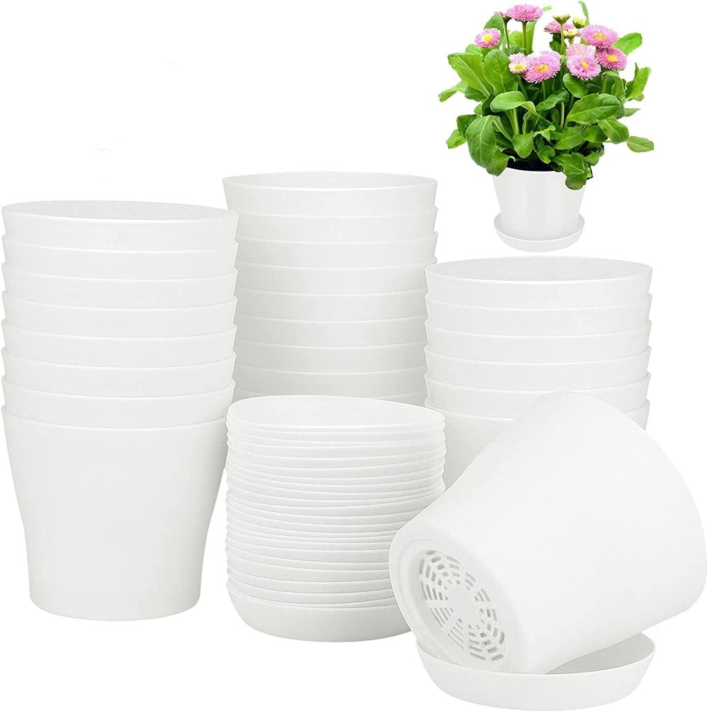 Plastic Plant Pots with Saucers, 12 cm – Pack of 8, White (Value)