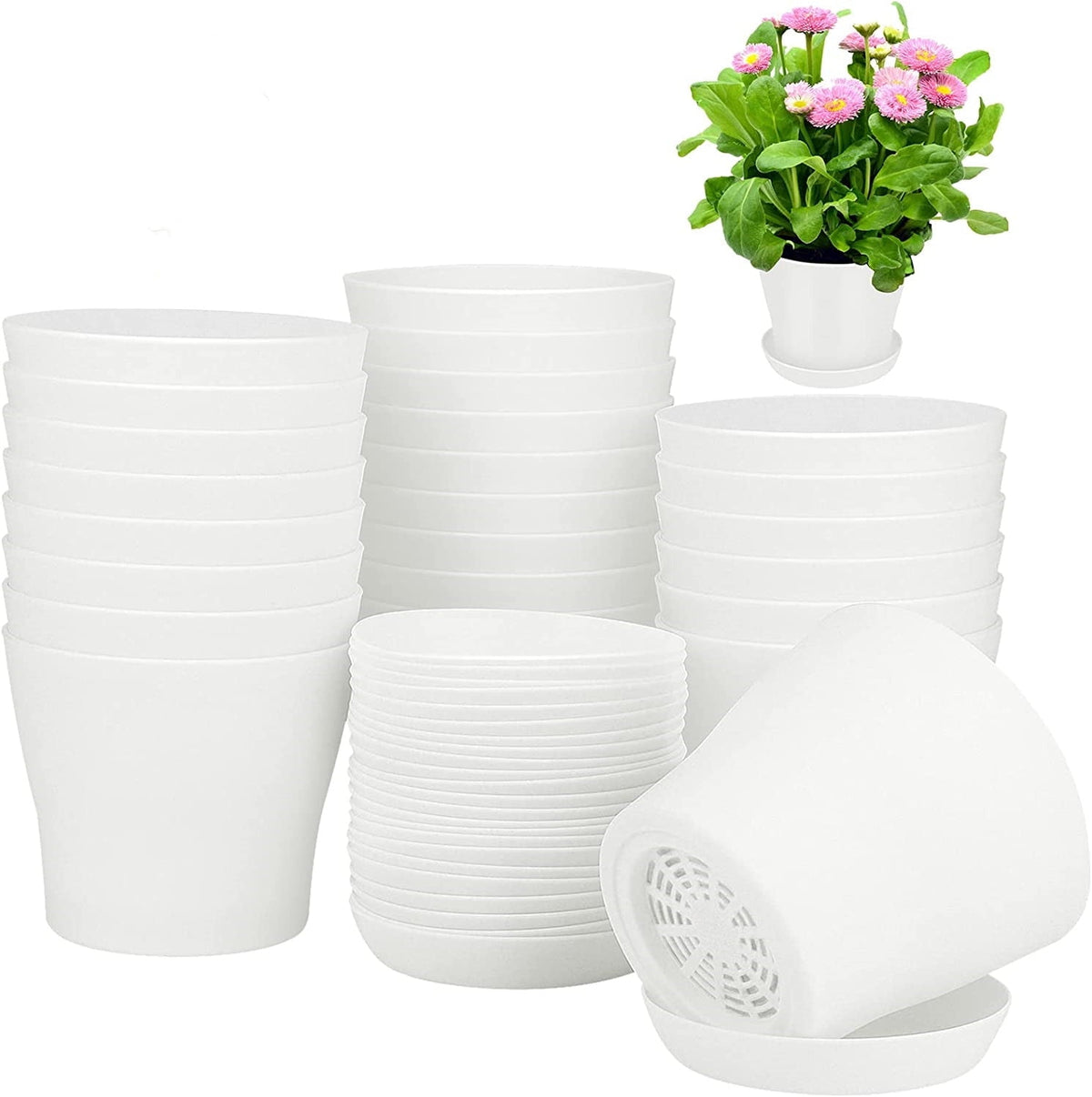 Plastic Plant Pots with Saucers, 12 cm – Pack of 8, White (Value)