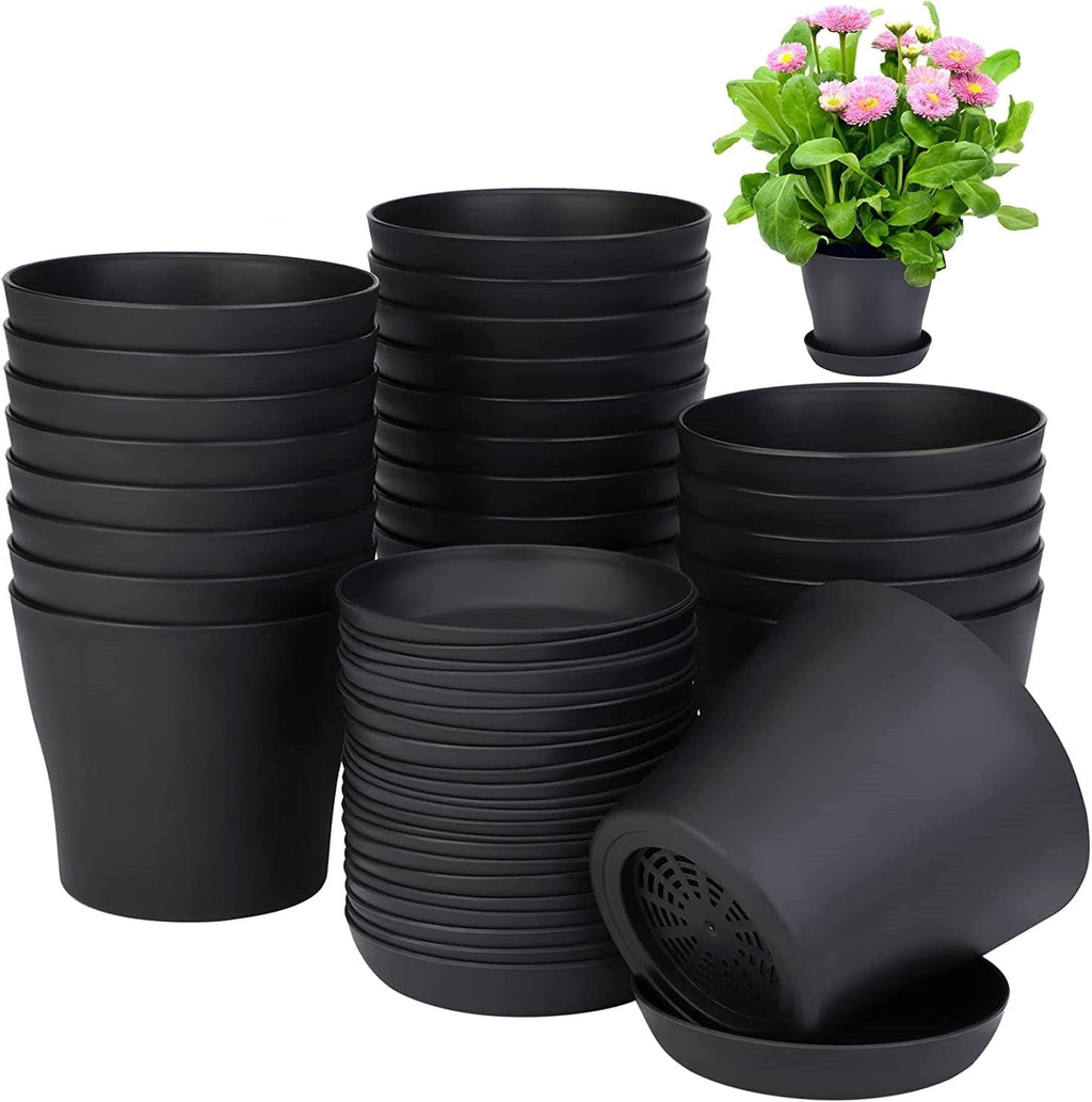 Plastic Plant Pots with Saucers, 10 cm – Pack of 8, Black