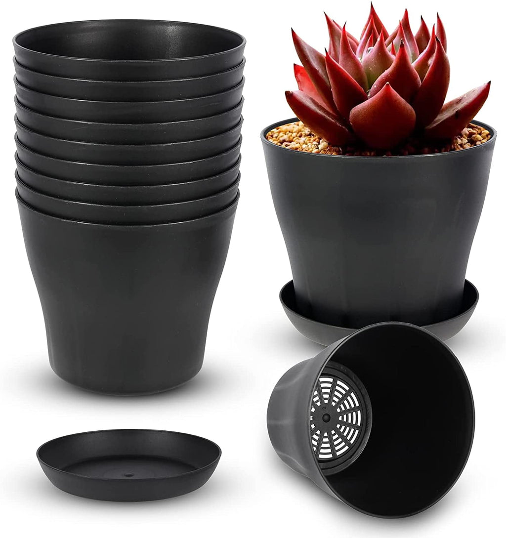 Plastic Plant Pots with Saucers, 10 cm – Pack of 8, Black