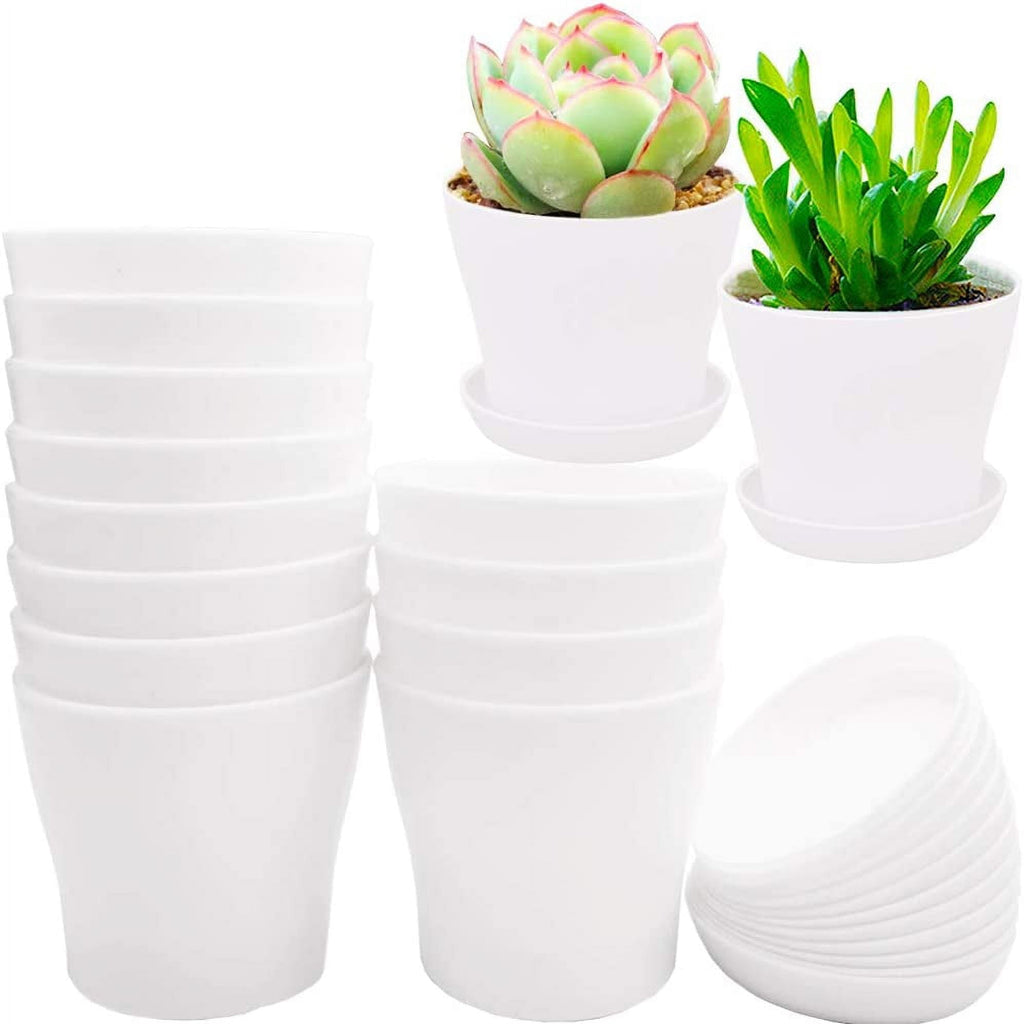 Plastic Plant Pots with Saucers, 10 cm – Pack of 8, White