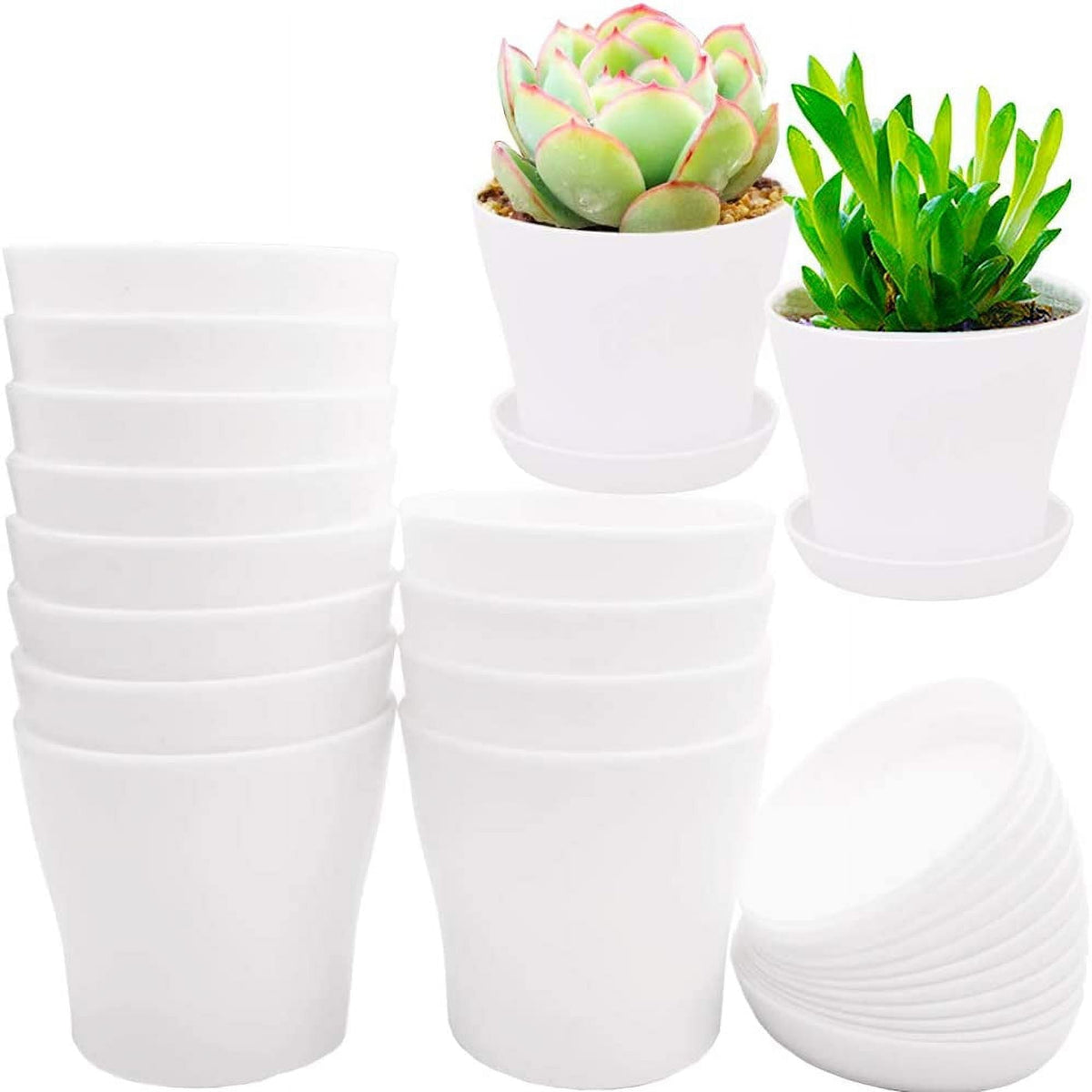 Plastic Plant Pots with Saucers, 10 cm – Pack of 8, White