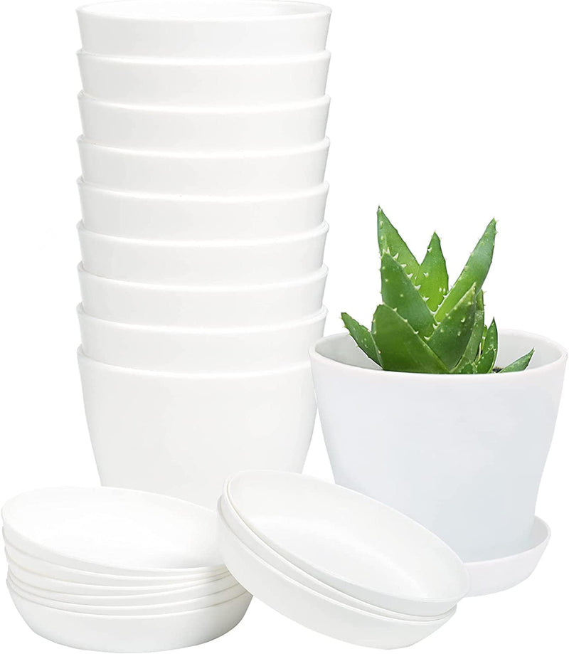 Plastic Plant Pots with Saucers, 12 cm – Pack of 8, White