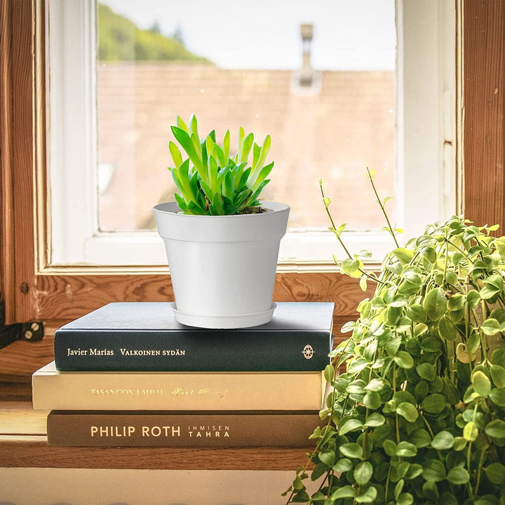 Plastic Plant Pots with Saucers, 12 cm – Pack of 8, White