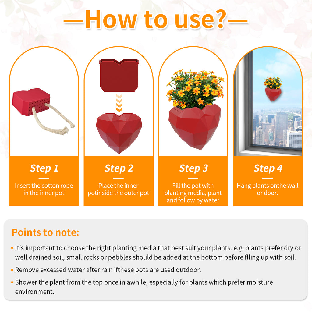 No-Drill 3D-Printed Wall Planter with Drip Tray – Red